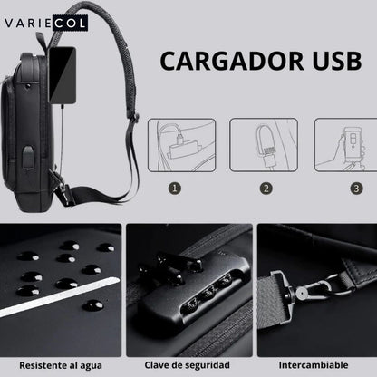 BOLSO IMPERMEABLE ANTIRROBO® CON CARGA USB EN FIBRA DE CARBONO.