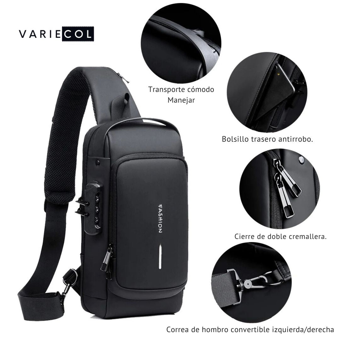 BOLSO IMPERMEABLE ANTIRROBO® CON CARGA USB EN FIBRA DE CARBONO.