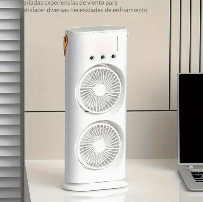 -PRÁCTICO VENTILADOR DOBLE CABEZAL GIRATORIO CON LUCES Y BRISA-.