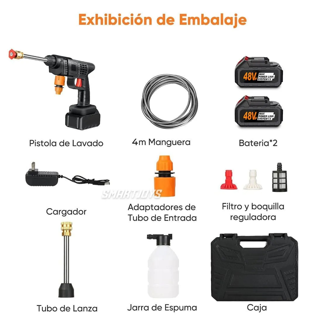 Hidrolavadora Portátil Inalámbrica 48V 2 Baterías – Boquilla 6 en 1 Incorporada