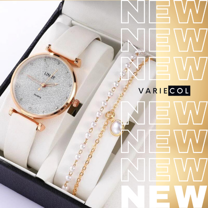 ¡Exclusivo COMBO reloj cuarzo y pulsera con perlas!